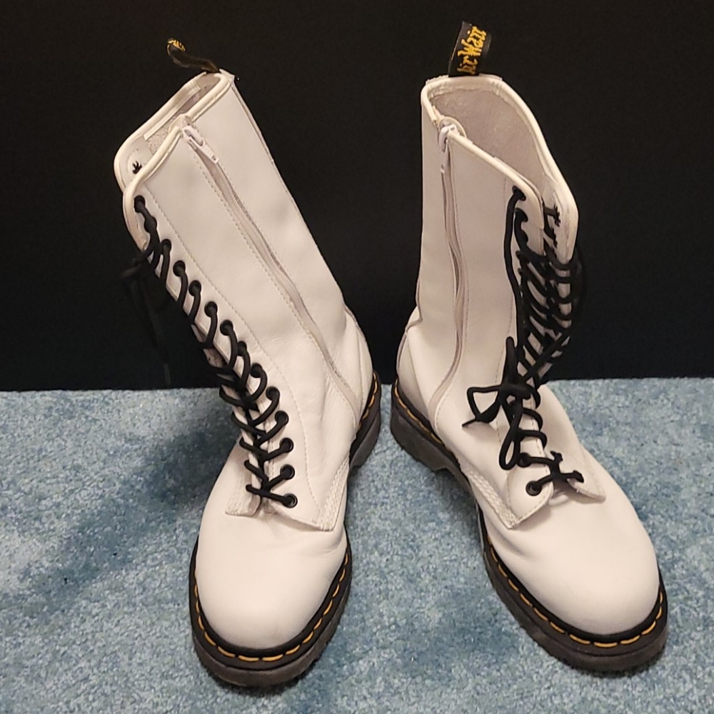 DR. MARTENS White Leather Zip-up Combat Boots